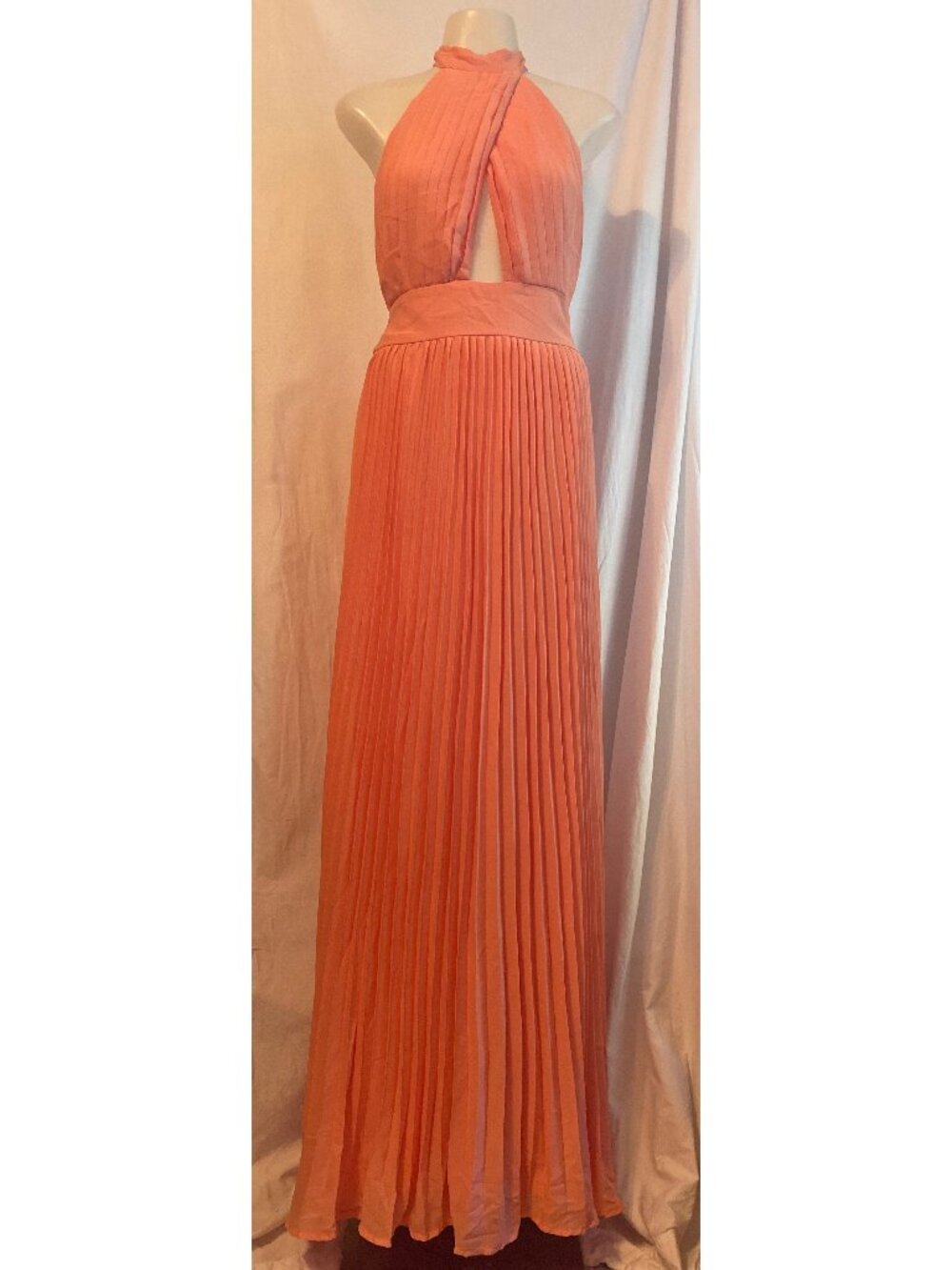 Pink Lily Sunny Gleam Coral Accordion Pleated Halter Maxi Dress Size S